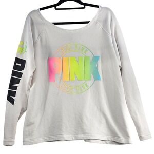 PINK Victoria's Secret White Sweatshirt Rainbow Logo Long Sleeve Women's L